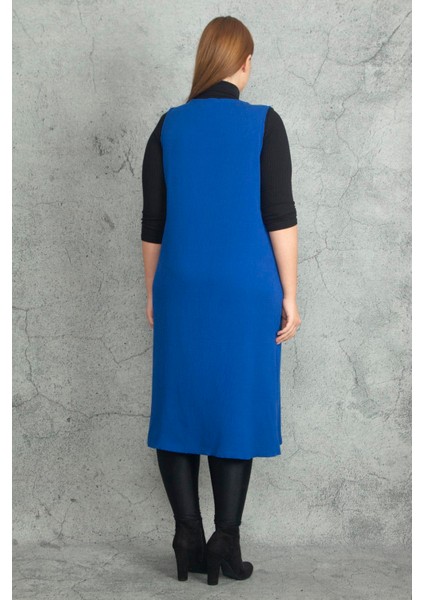 Kadın Büyük Beden Saks Önü Bağcık Detaylı Astarsız Uzun Yelek 65N38333 fiyatları