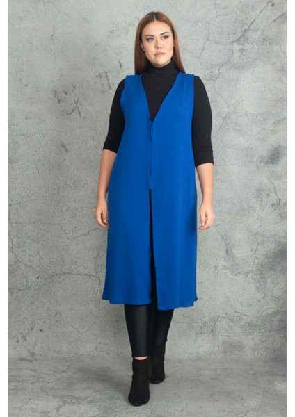 Kadın Büyük Beden Saks Önü Bağcık Detaylı Astarsız Uzun Yelek 65N38333 modelleri