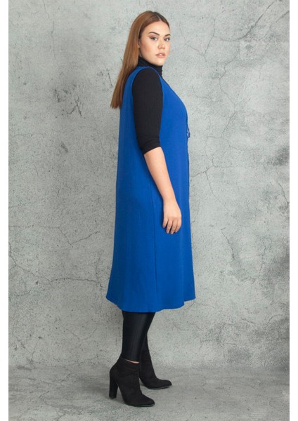 Kadın Büyük Beden Saks Önü Bağcık Detaylı Astarsız Uzun Yelek 65N38333 fırsatları