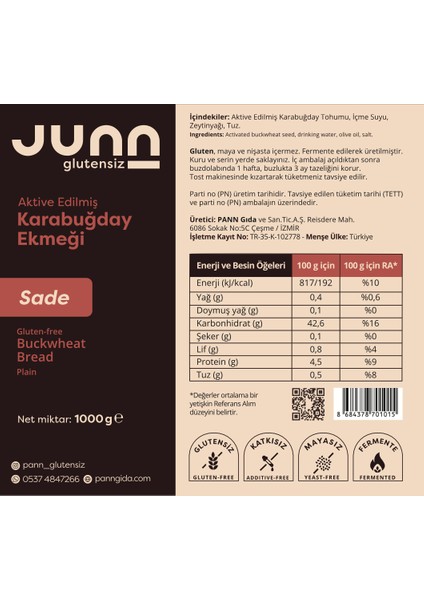 JUNN Glutensiz Karabuğday Ekmeği, Sade ve Baharlı 2 x 1000 gr Mayasız, Aktive Edilmiş Karabuğday Tohumu