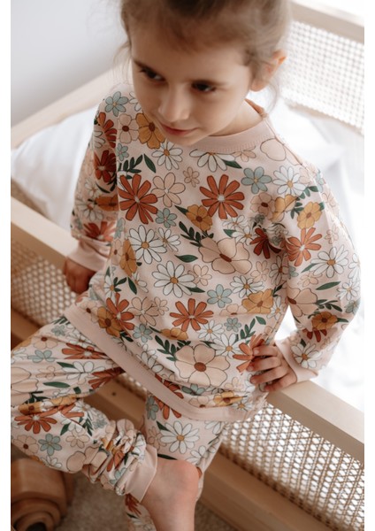 0.5 Tog - %100 Organik Pamuk Çocuk Pijama Takımı - Çiçek Desenli