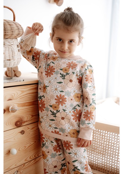 0.5 Tog - %100 Organik Pamuk Çocuk Pijama Takımı - Çiçek Desenli