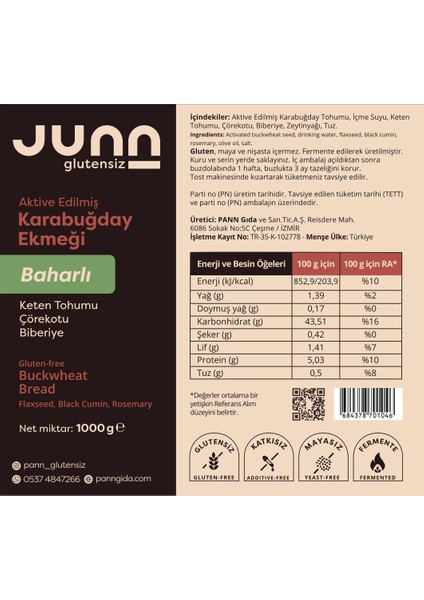 JUNN Glutensiz Karabuğday Ekmeği, Baharlı 3 x 1000 gr Mayasız, Aktive Edilmiş Karabuğday Tohumu