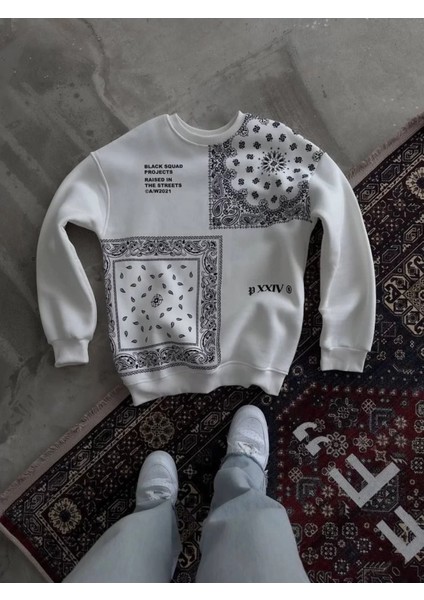 Baskılı Bisiklet Yaka Oversize Sweatshirt