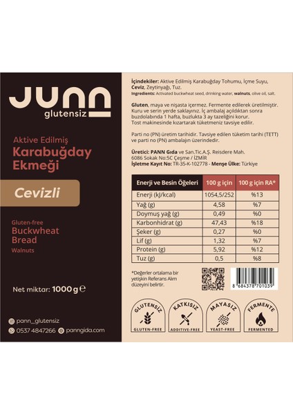 JUNN Glutensiz Karabuğday Ekmeği, Cevizli 1 x 1000 gr Mayasız, Aktive Edilmiş Karabuğday Tohumu