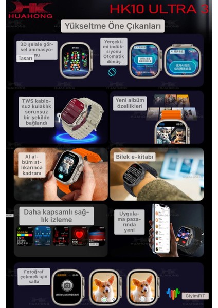 HK10 Ultra 3 Wf 2.02 Inç Uyumlu Amoled Ekran Akıllı Saat ( Wifi Modeli Yeni Nesil)