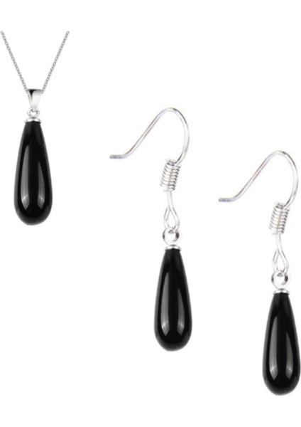 Siyah Taşlı Oniks Uzun Damla Küpe - Kolye Gümüş Set Kancalı Model