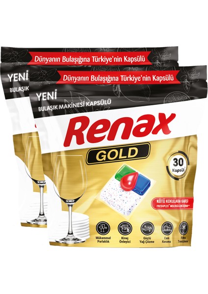 Renax Gold Bulaşık Makinesi Kapsülü Hepsi Bir Arada 30 x 2 Paket 60 Lı