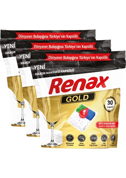 Renax Gold Bulaşık Makinesi Kapsülü Hepsi Bir Arada 30 x 3 Paket 90 Lı