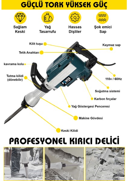 Power Black Germany Professional Büyük Tip Kırıcı Delici Hilti 16 kg Hilti 3 Metre Kablolu 65 mm