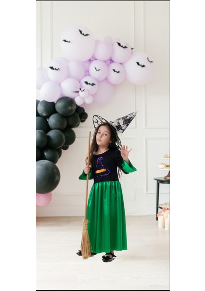 Kız Çocuk Yeşil Siyah Cadı Elbise Halloween Witch Costume Party