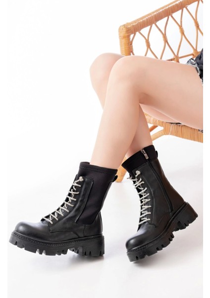 Siyah Düz Topuklu Bağcıklı Fermuarlı Günlük Kadın Bot fiyatları