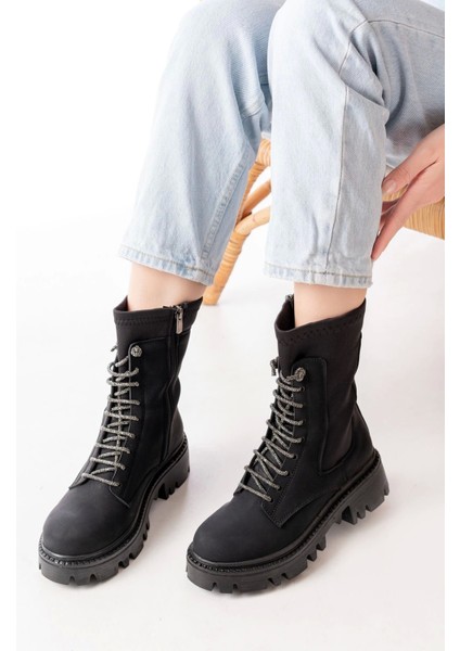 Siyah Zümrüt Düz Topuklu Bağcıklı Fermuarlı Günlük Kadın Bot fiyatları