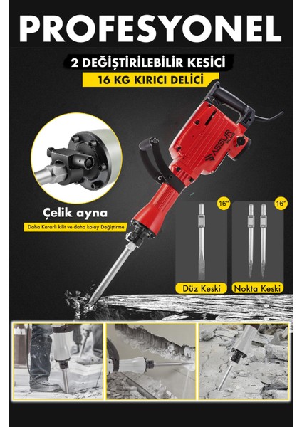 Assur Plus Büyük Tip Kırıcı Hilti Kavrama Kollu 16 kg 3 Metre Kablolu Kırmızı 65MM