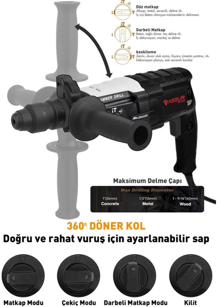 Assur Plus Pro Kırıcı Delici Darbeli Hıltı Matkap 2-28MM