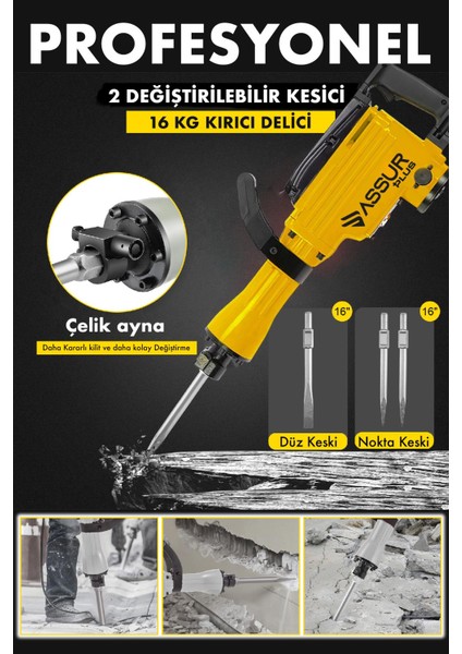 Assur Plus Büyük Tip Kırıcı Hilti Kavrama Kollu 16 kg 3 Metre Kablolu Sarı 65MM