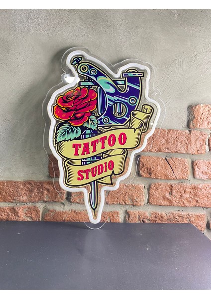 'tattoo Studıo' Işıklı ve Uv'li Neon LED Dekoratif Duvar Yazısı Tabelası (40X33CM)