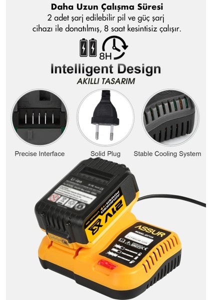 Assur Plus 21V 2.0 Ah Kömürsüz Motor 800 Nm Torklu Şarjlı Somun Sıkma Bijon Sökme Seti Sarı