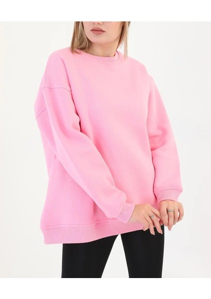 Kadın Bisiklet Yaka Içi Polarlı Kalın Sweatshirt-3 Iplik Şardonlu