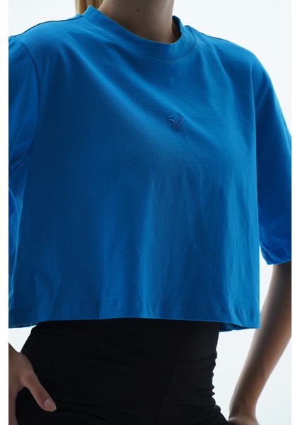 Pure Comfort - Mavi Rahat Kesim %100 Pamuklu Basic Crop Tişört fiyatları