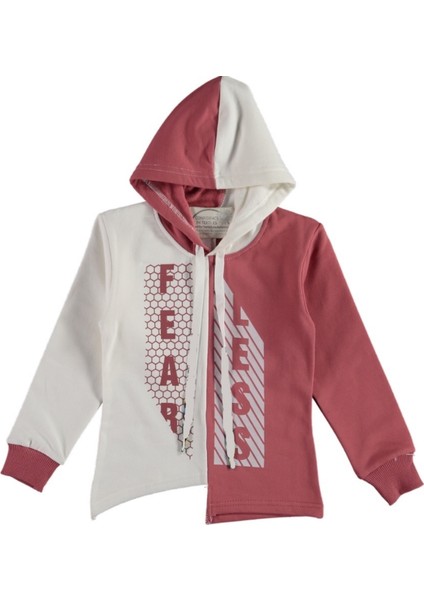 Kız Çocuk Fearless Yazı Desenli Etek Ucu Asimetrik Kesim Detay Gül Kurusu Renk Kapüşonlu Sweatshirt