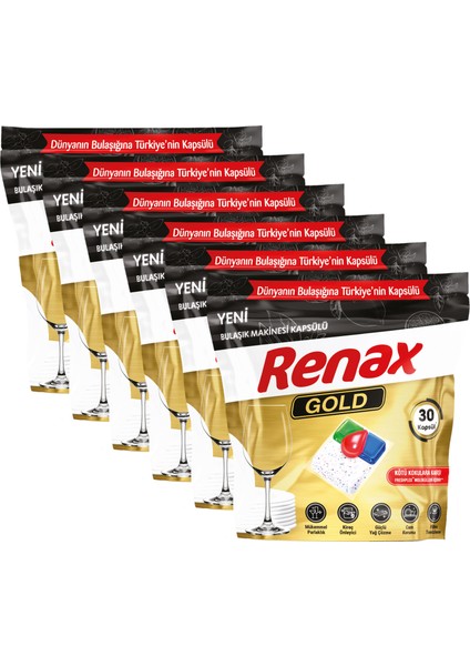 Renax Gold Bulaşık Makinesi Kapsülü Hepsi Bir Arada 30 x 6 Paket 180 Li