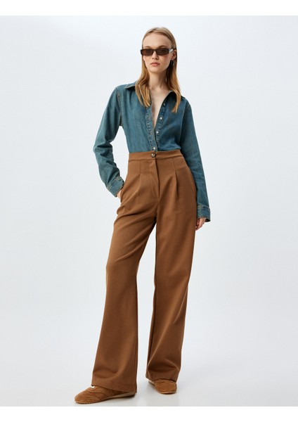 Geniş Paça Pantolon Pileli Yüksek Bel Düğmeli Rahat Kalıp