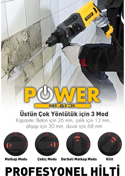 Power Black Çelik Şanzıman Kırıcı Delici Darbeli Matkap 2-28MM Hilti Sarı