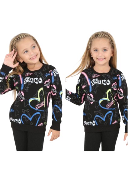 Kız Çocuk Ayıcıklı Fosfor Yazı Desenli Şardonlu Siyah Renk Sweatshirt