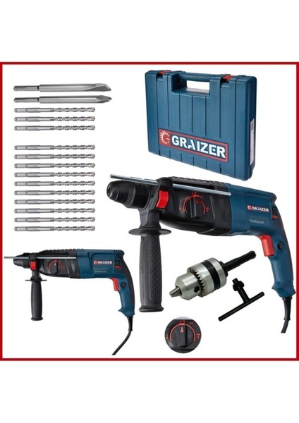 Alman G-3000 Watt 5.0 Joul Metal Dişli Hilti Darbeli Matkap + Yedek Mandren + 15 Uç Kırıcı