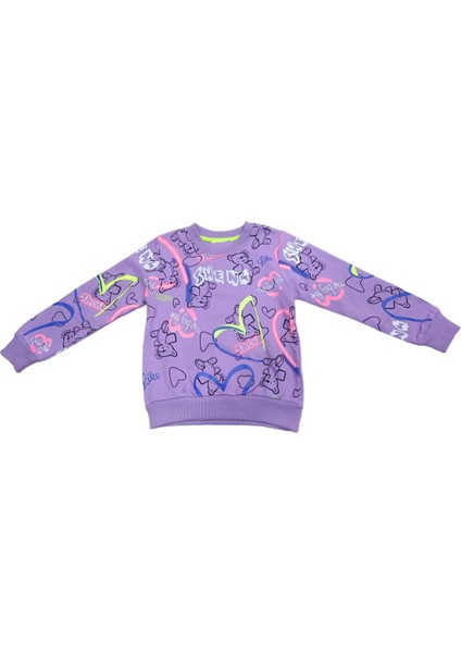 Kız Çocuk Ayıcıklı Fosfor Yazı Desenli Şardonlu Lila Renk Sweatshirt