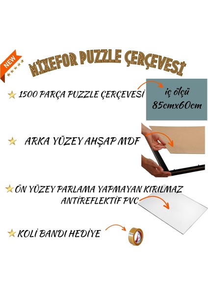 1500 Parça Puzzle Çerçevesi Ölçü 85CM x 60CM Renkgümüş Arka Destek Mdf -Ön Yüzey Kırılmaz Parlama Yapmayan Pleksi