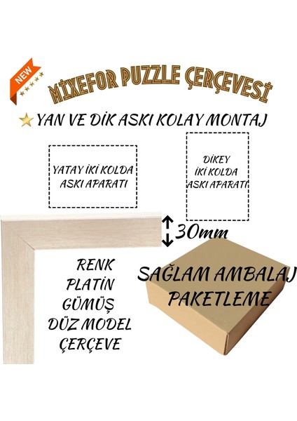 1500 Parça Puzzle Çerçevesi Ölçü 85CM x 60CM Renkgümüş Arka Destek Mdf -Ön Yüzey Kırılmaz Parlama Yapmayan Pleksi