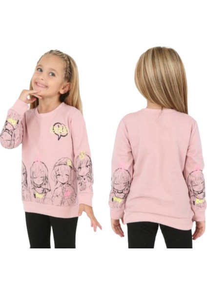 Kız Çocuk Önü ve Kolları Resim Desenli Şardonlu Pudra Renk Sweatshirt