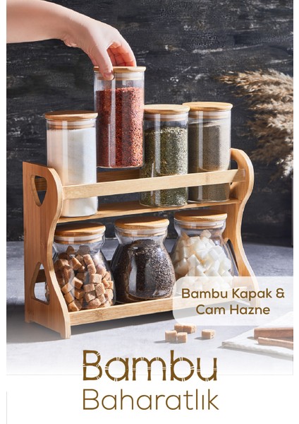 Bambu 7li Cam Baharatlık Standlı