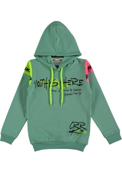 Kız Çocuk Youth Önü Omuzları Yazı Desenli Yeşil Renk Kapüşonlu Sweatshirt