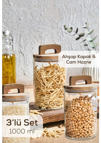 3lü 1000 ml Ahşap Kapaklı Tutacaklı Kavanoz