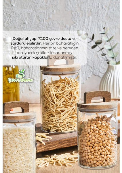 3lü 1000 ml Ahşap Kapaklı Tutacaklı Kavanoz