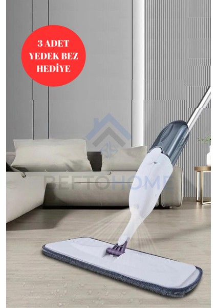 360 Derece Dönebilen Su Püskürtmeli Sprey Paspas, Spreyli Mop (3 Adet Yedek Bez Hediyeli)