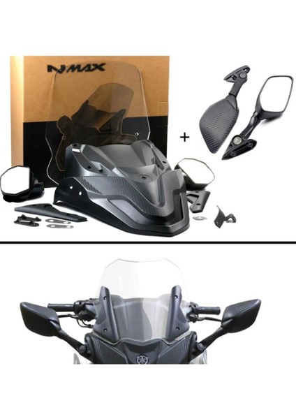Nmax 125/155 2021-2024 Katlanır Ayna Spoiler ve Siperlik Cam Seti 38 cm Şeffaf