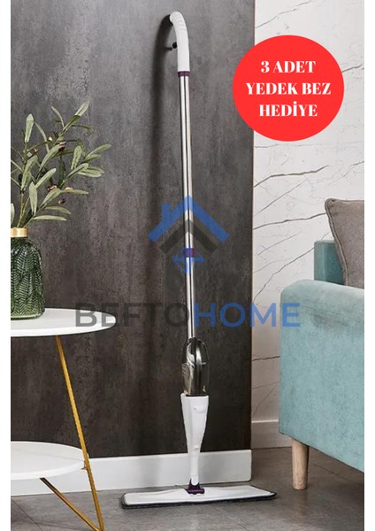 Su Püskürtmeli Sprey Mop Seti, 360 Derece Dönen Sprey Paspas (3 Adet Yedek Bez Hediyeli)