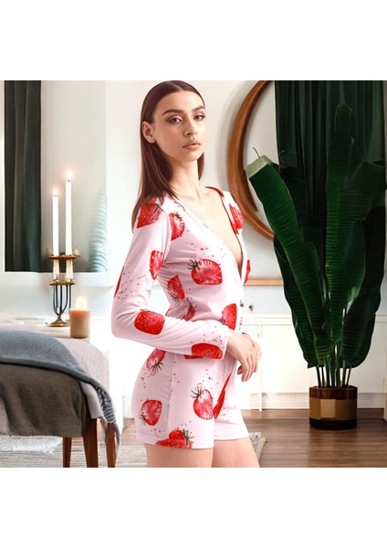 Eğlenceli Çilek Desenli Pijama Tulum - Pembe Renk Ev Giyim Düğme Kapama