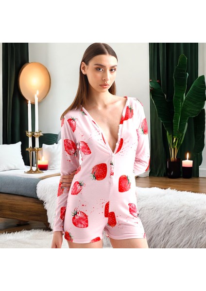 Eğlenceli Çilek Desenli Pijama Tulum - Pembe Renk Ev Giyim Düğme Kapama