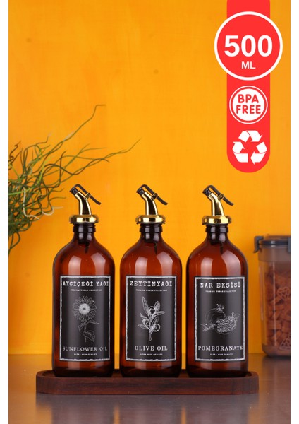 Ahşap Stantlı Amber Renk Cam 3'lü Zeyntinyağı Sıvıyağ Nar Ekşisi Şişesi 500 ml