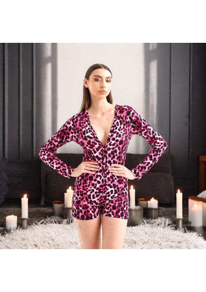 Fuşya Leopar Desenli Pijama Tulum - Pembe Renk Ev Giyim Düğme Kapama