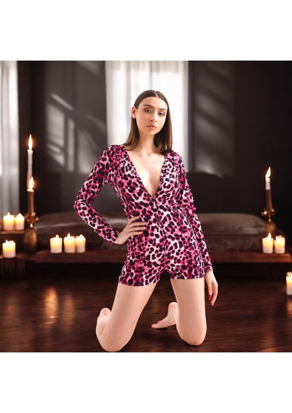 Fuşya Leopar Desenli Pijama Tulum - Pembe Renk Ev Giyim Düğme Kapama