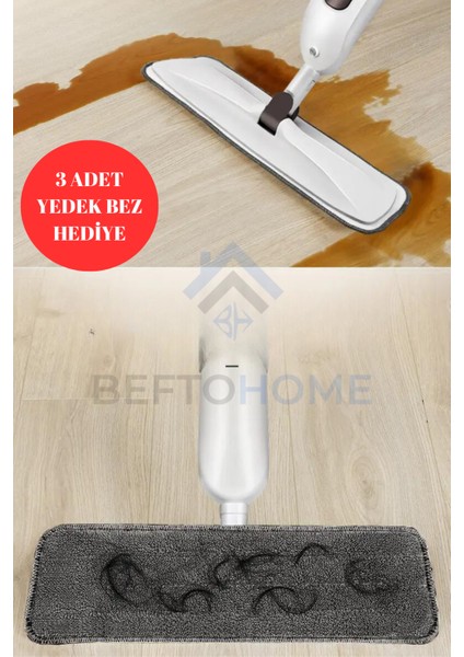 Su Püskürtmeli Sprey Mop Seti, 360 Derece Dönen Sprey Paspas (3 Adet Yedek Bez Hediyeli)