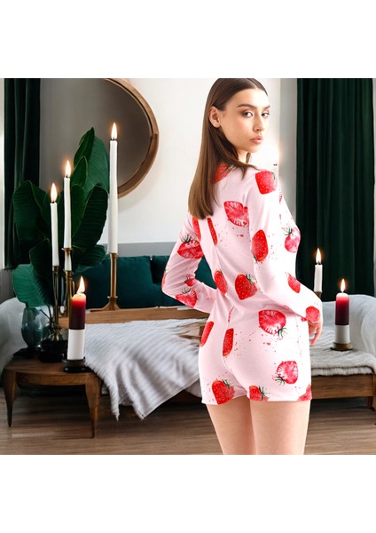 Eğlenceli Çilek Desenli Pijama Tulum - Pembe Renk Ev Giyim Düğme Kapama