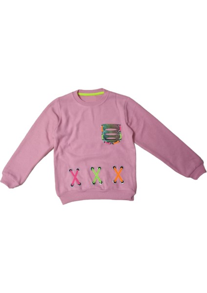 Kız Çocuk x Desenli Selanik Kumaş Pembe Renk Sweatshirt