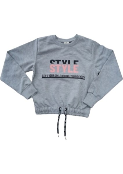 Kız Çocuk Önü Style Yazı Desenli Beli Bağlamalı Gri Renk Sweatshirt